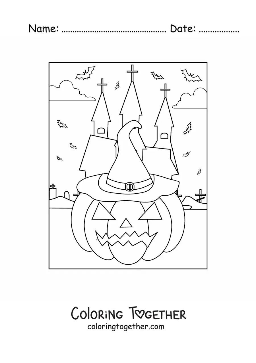 Coloring page of a simple Halloween pumpkin with a hat and bats