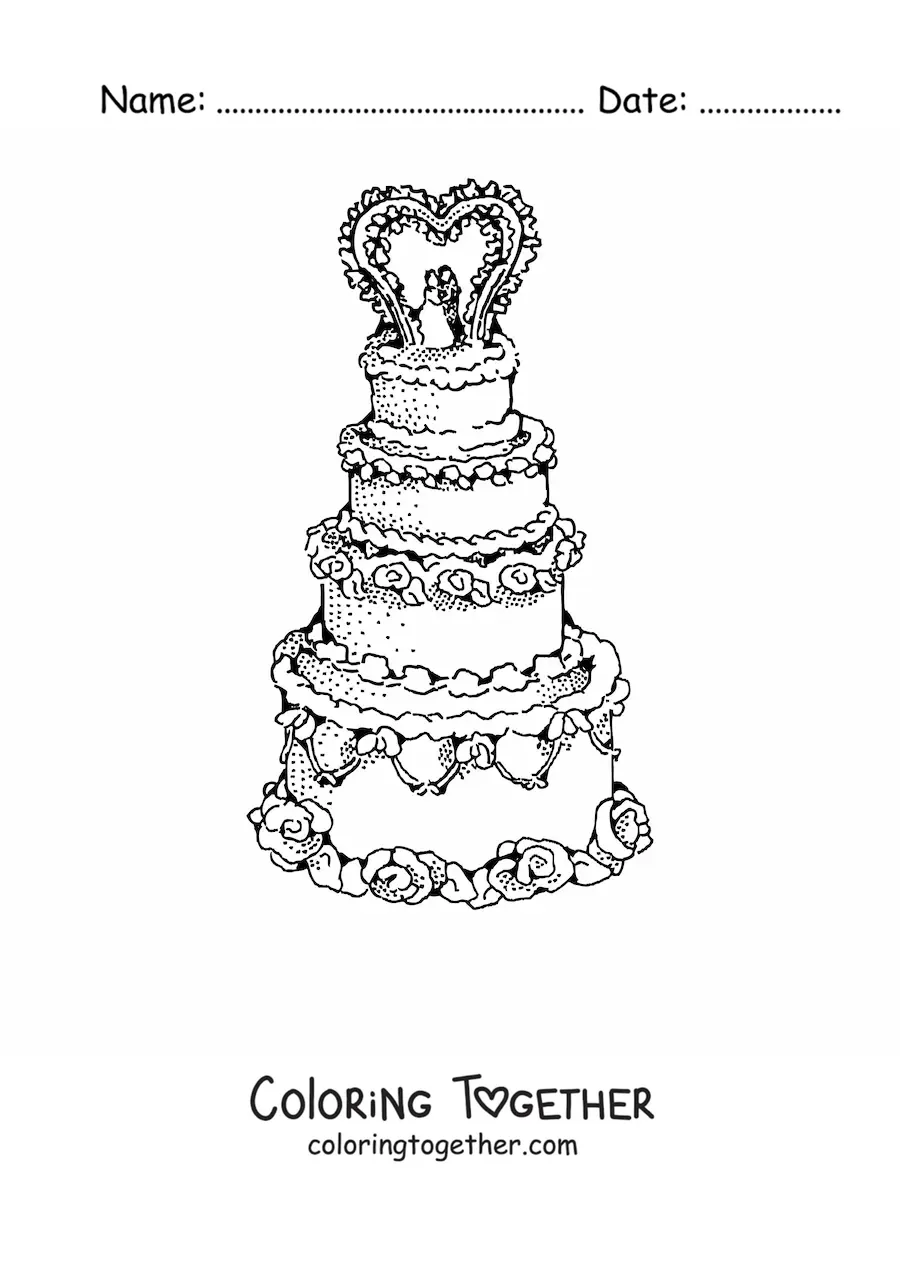 Coloring page of a wedding cake decorated with a heart