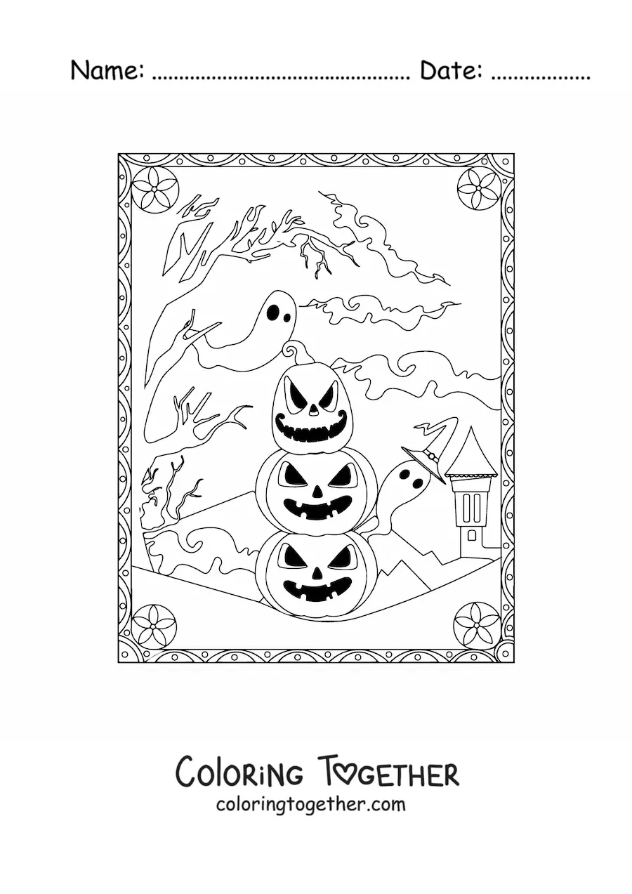 Coloring page of scary Halloween pumpkins with ghosts
