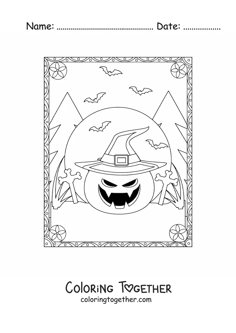 Coloring page of scary Halloween pumpkins with a hat