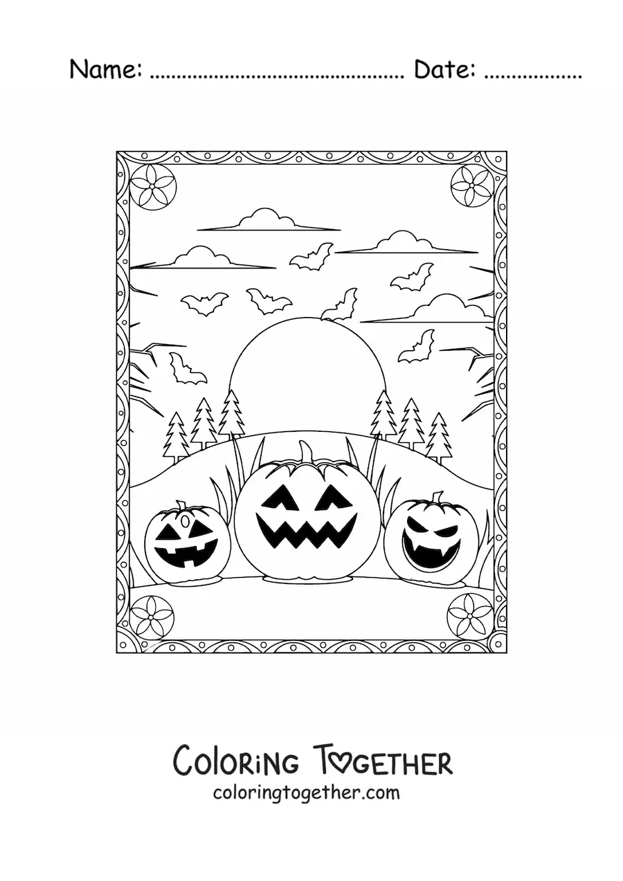 Coloring page of scary Halloween pumpkins with bats