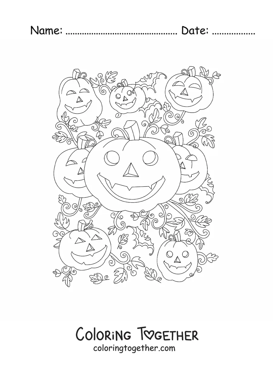 Coloring page of beautiful Halloween pumpkins with autumn leaves