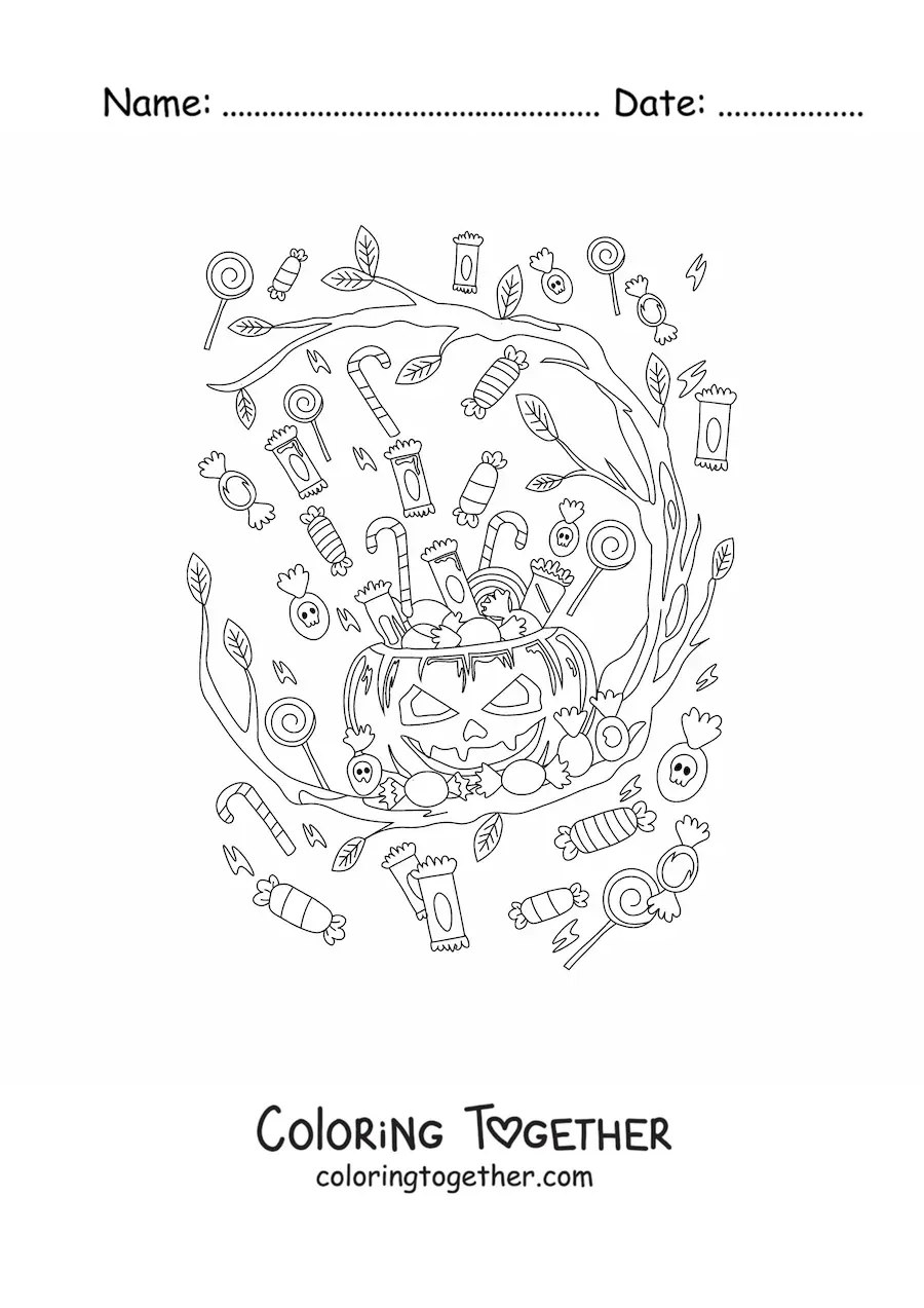 Coloring page of a spooky Halloween pumpkin with candy