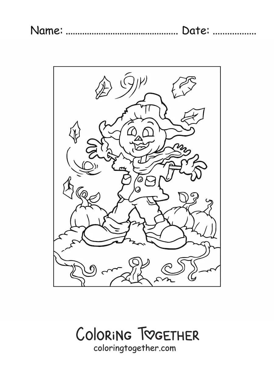 Coloring page of a scarecrow with a Halloween pumpkin face