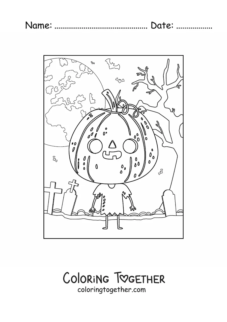 Coloring page of a cartoon character with a Halloween pumpkin mask