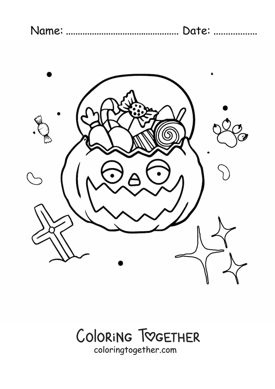 Coloring page of a cartoon Halloween pumpkin with candy