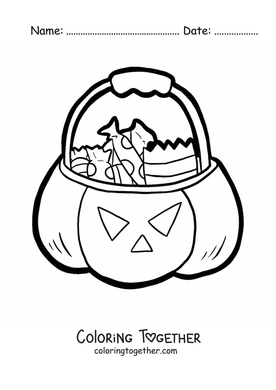 Coloring page of a big Halloween pumpkin with candy