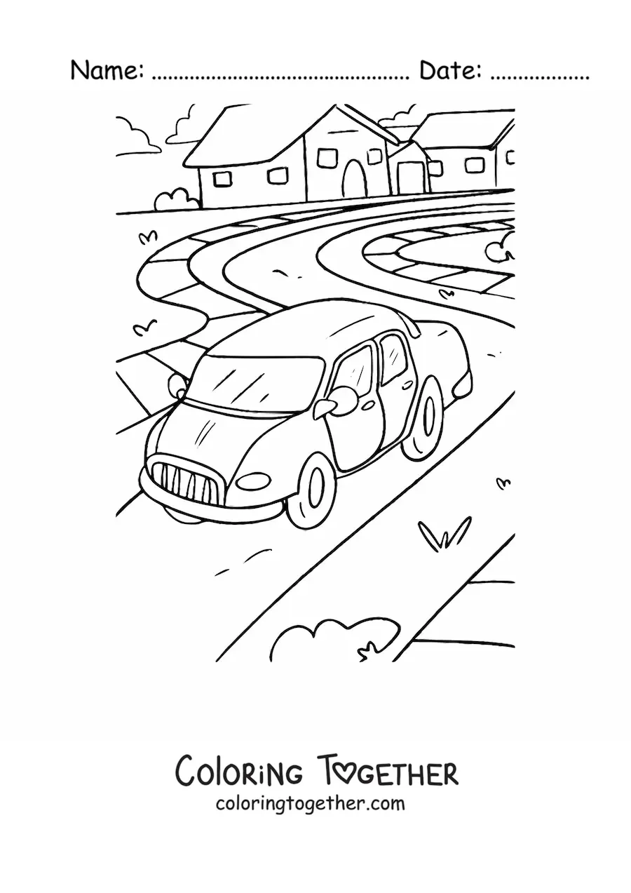 Coloring page of a car on a road with houses in the background