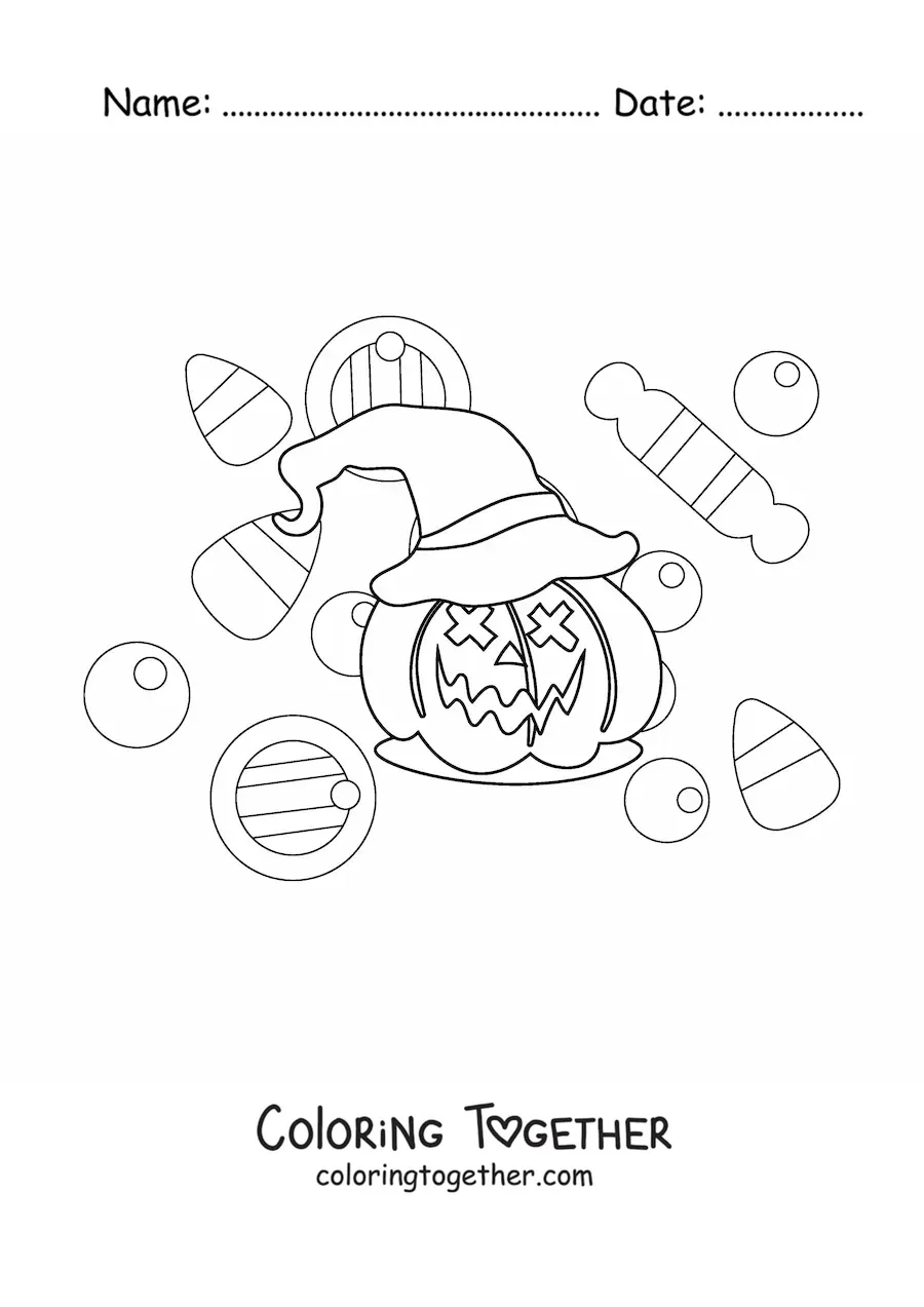 Coloring page of a simple Halloween pumpkin with a hat and candy