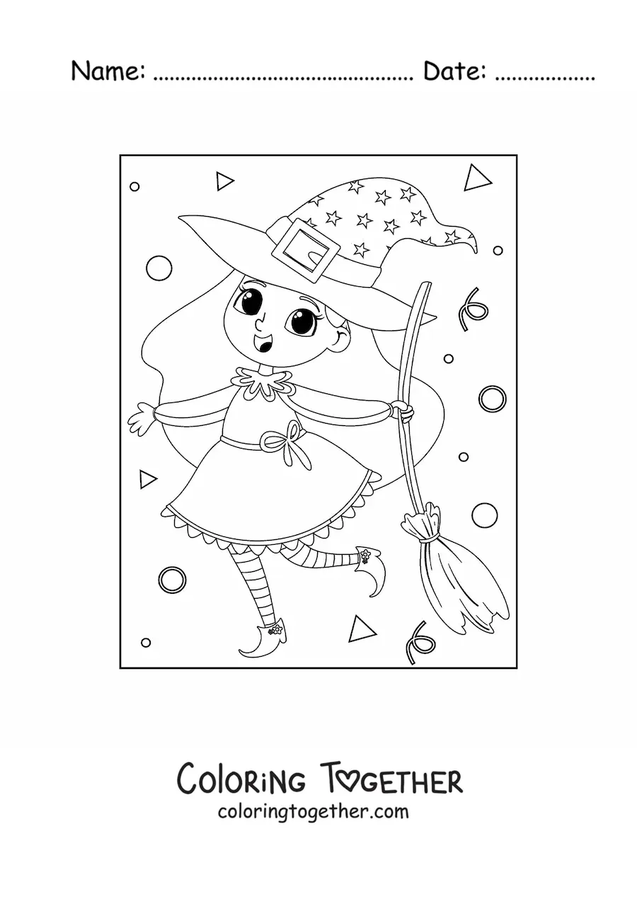 Coloring page of a cute witch with a broom