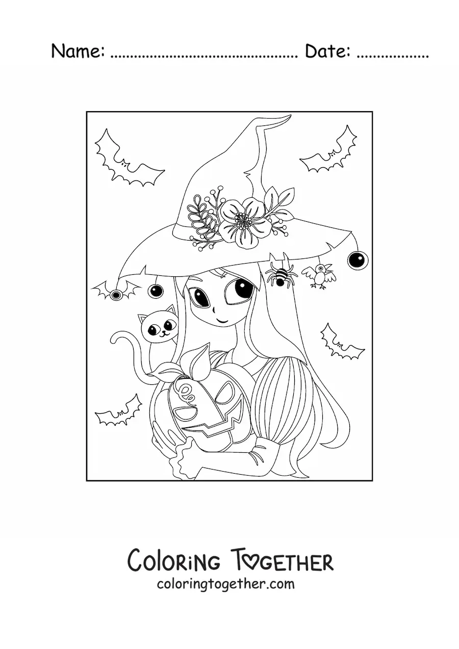 Coloring page of a cute witch with a cat and a Halloween pumpkin