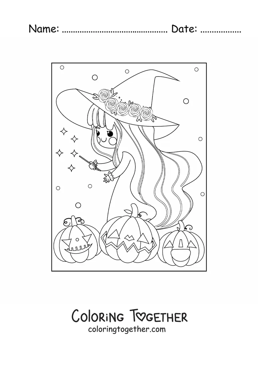 Coloring page of a kawaii witch with Halloween pumpkins