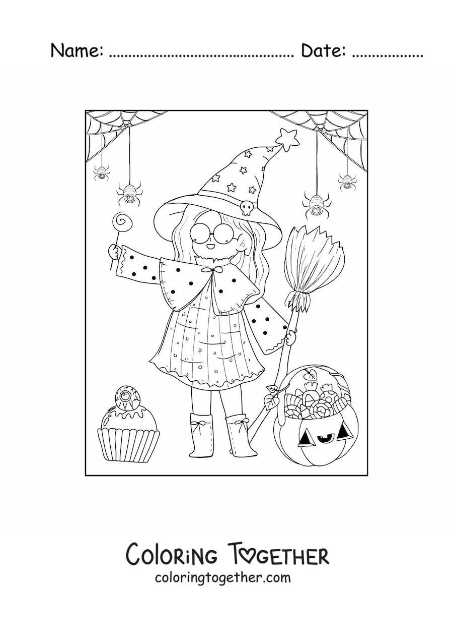 Coloring page of a kawaii Halloween witch with candy