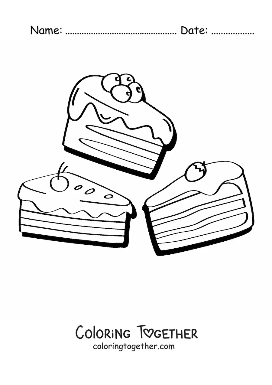 Coloring page of three cake slices