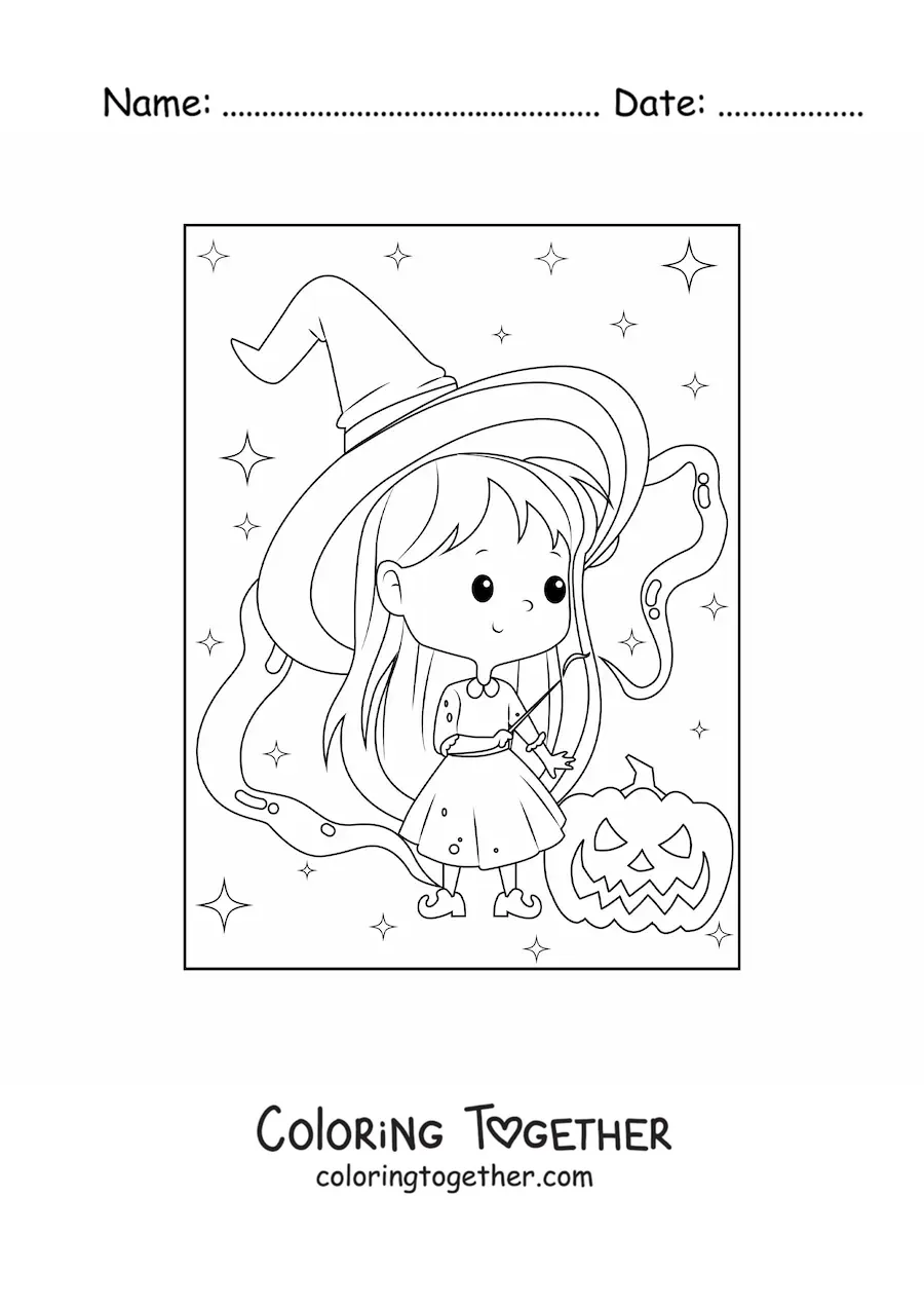 Coloring page of a kawaii Halloween witch with a pumpkin