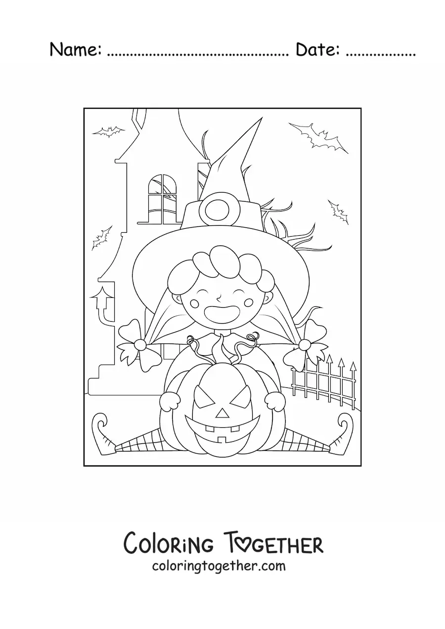 Coloring page of a cartoon little witch with a Halloween pumpkin