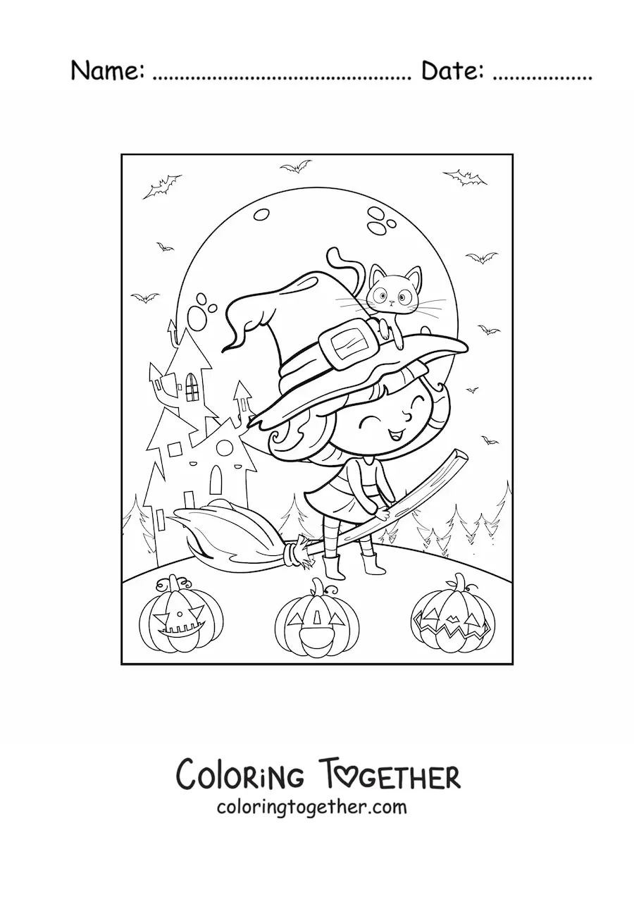 Coloring page of a kawaii good witch flying on a broom with a cat