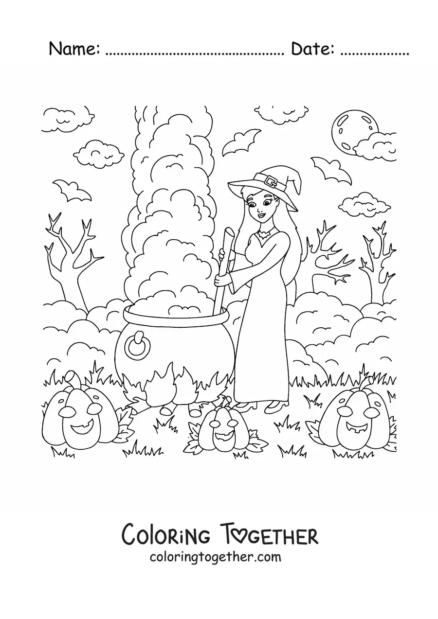 Coloring page of a cute witch with a cauldron