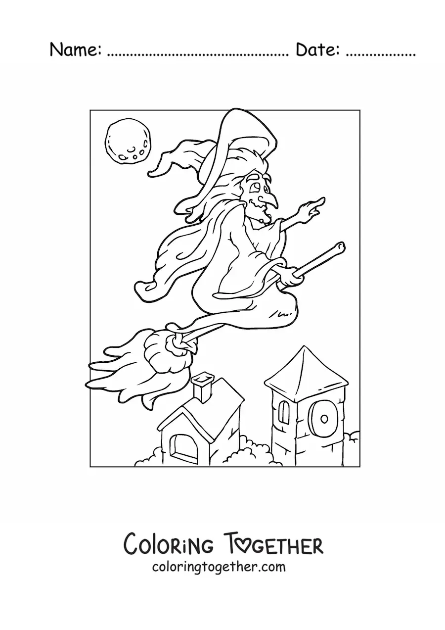 Coloring page of a wicked witch flying on a broom