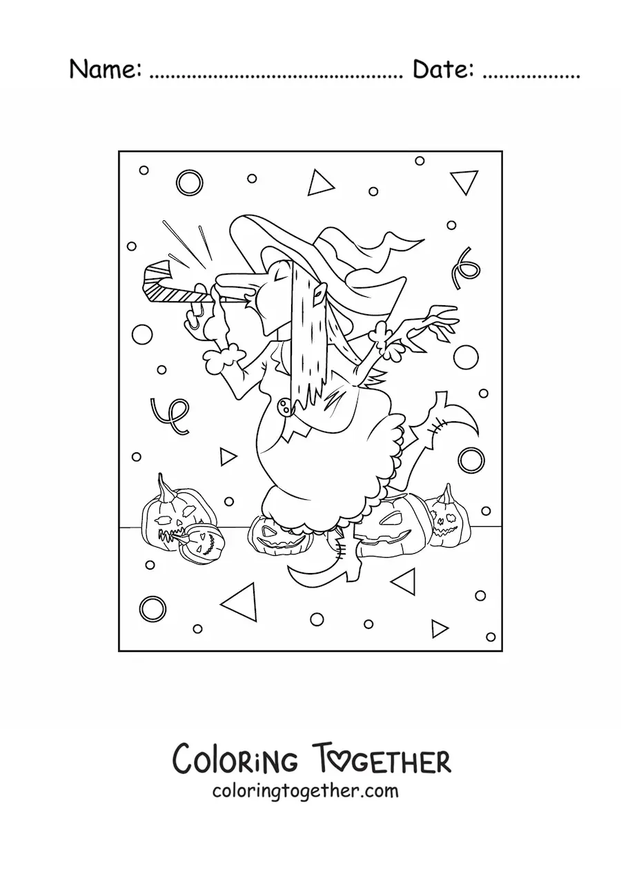 Coloring page of a funny witch at a Halloween party