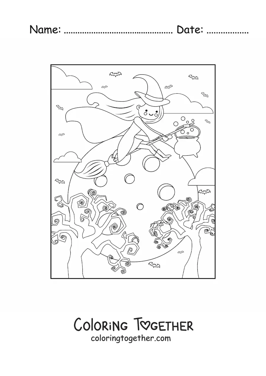 Coloring page of a cartoon kawaii little witch flying with a full moon