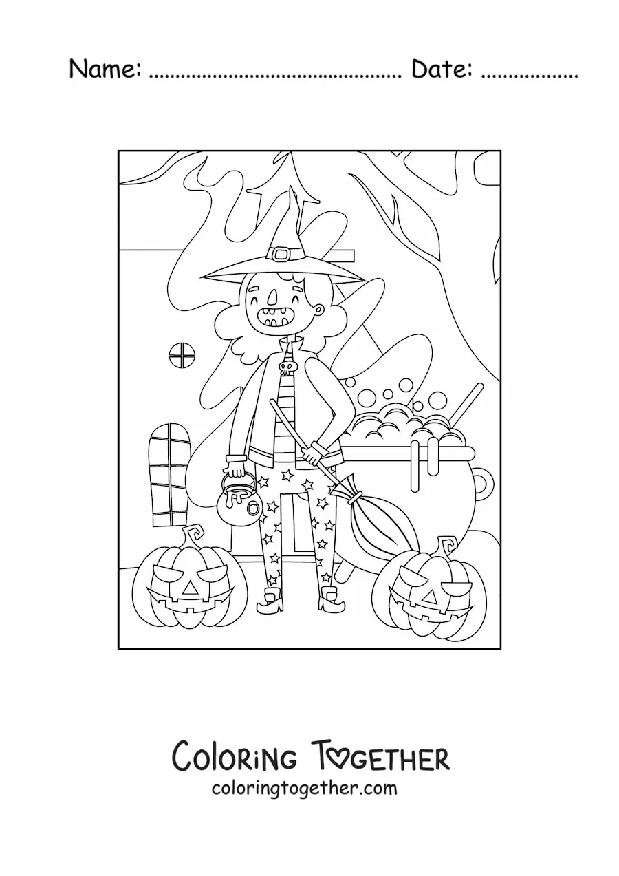 Coloring page of a cartoon little witch with a cauldron