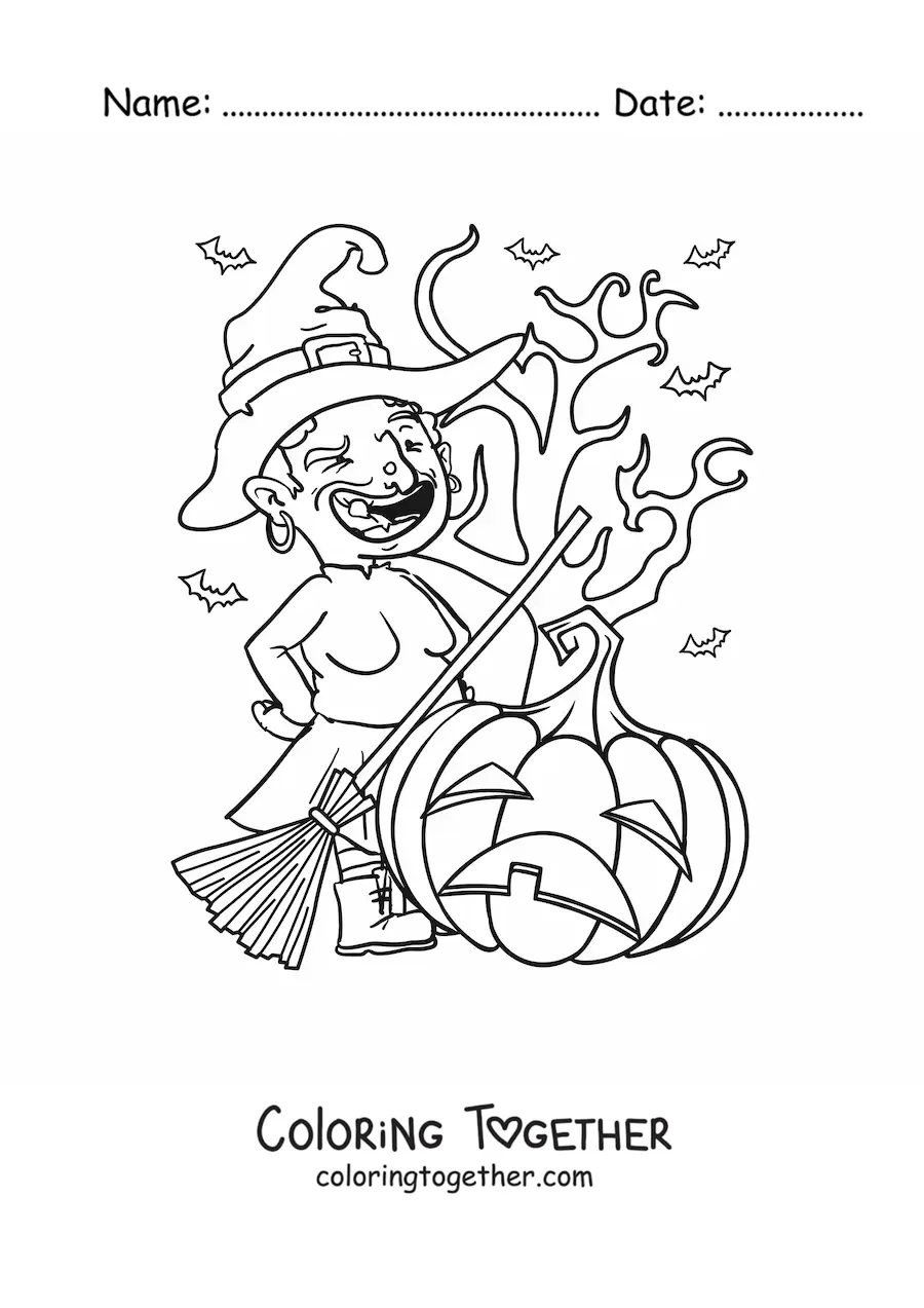 Coloring page of an ugly cartoon witch with a Halloween pumpkin