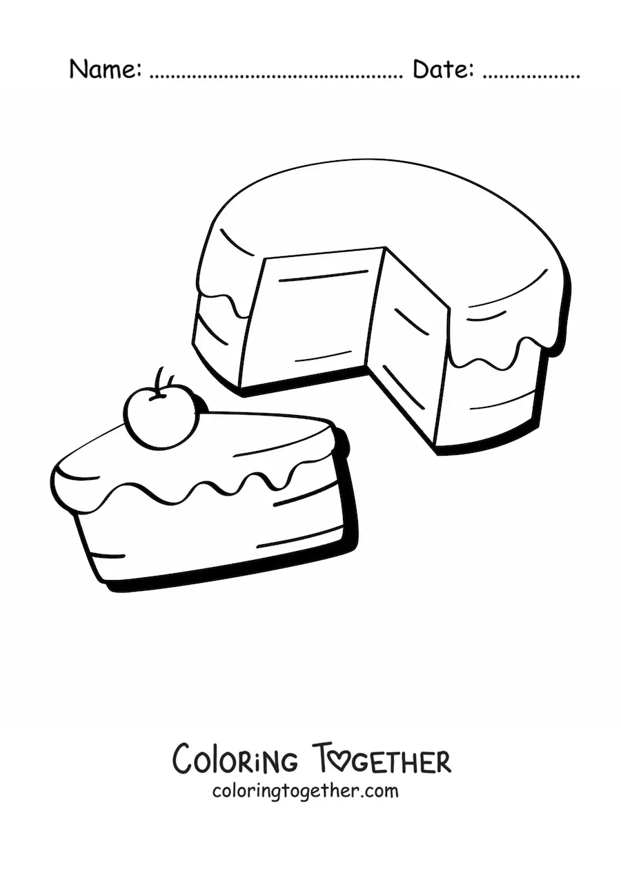 Coloring page of a cake and a cake slice with a cherry
