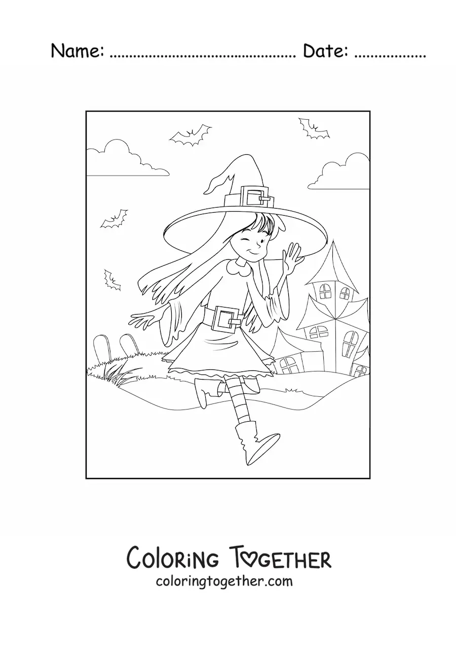 Coloring page of a cute witch