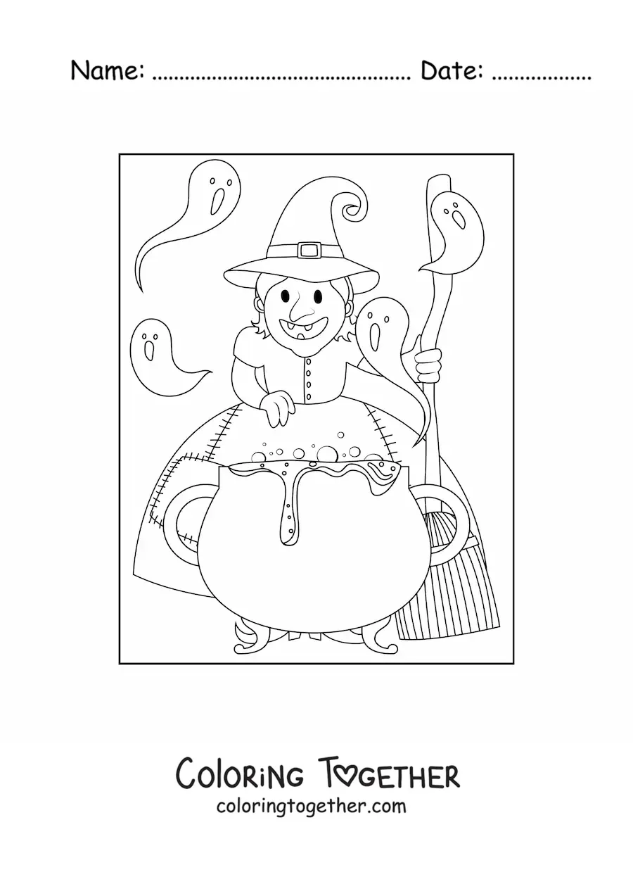 Coloring page of an ugly witch cooking a potion