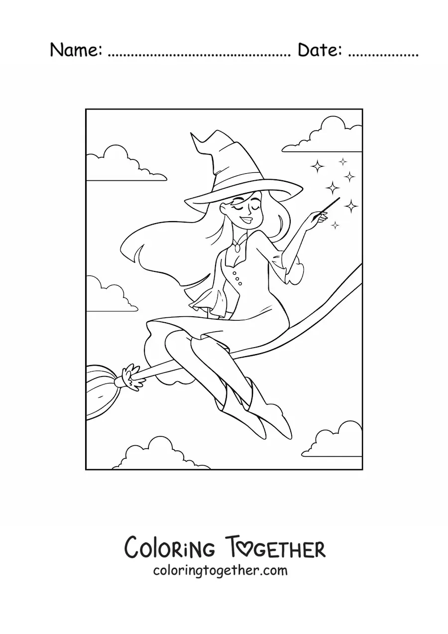 Coloring page of a cute sorceress witch flying on a broom