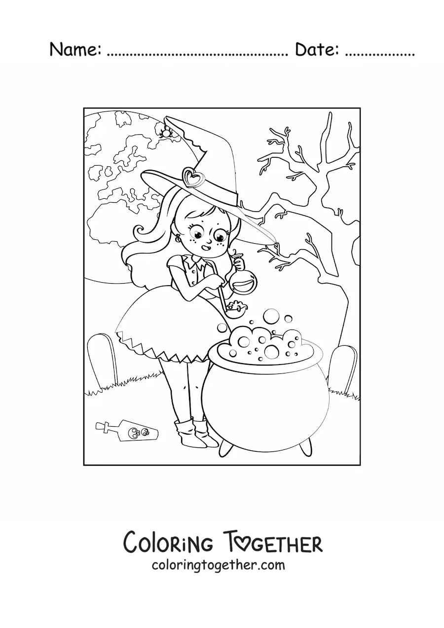 Coloring page of a kawaii witch brewing a potion under a full moon