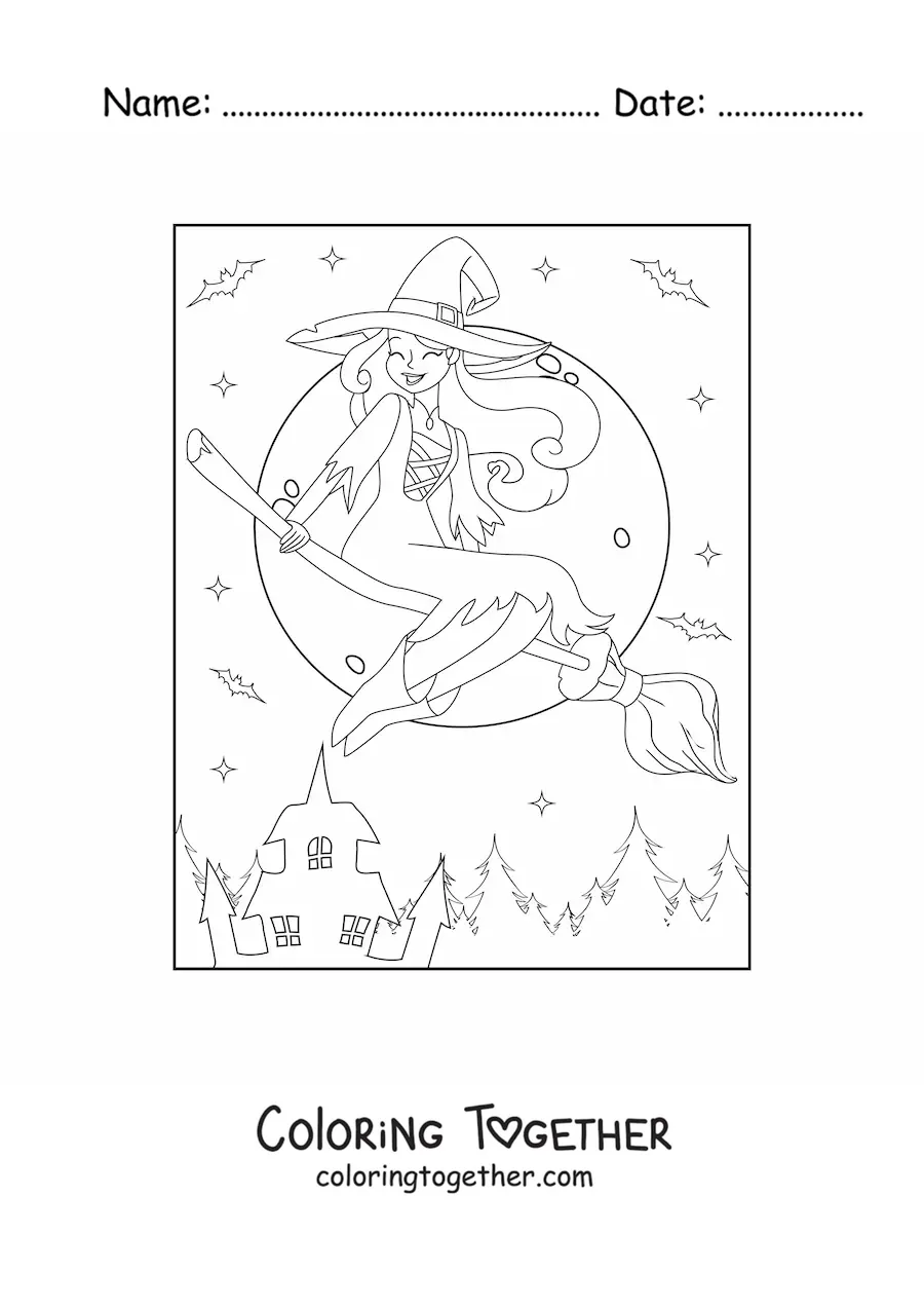 Coloring page of a beautiful witch flying with a full moon