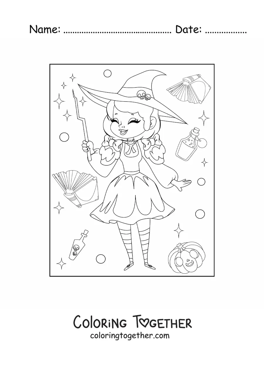 Coloring page of a cute cartoon witch laughing