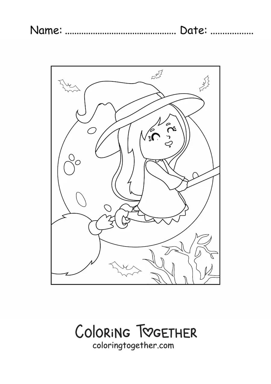 Coloring page of a kawaii witch flying with a full moon