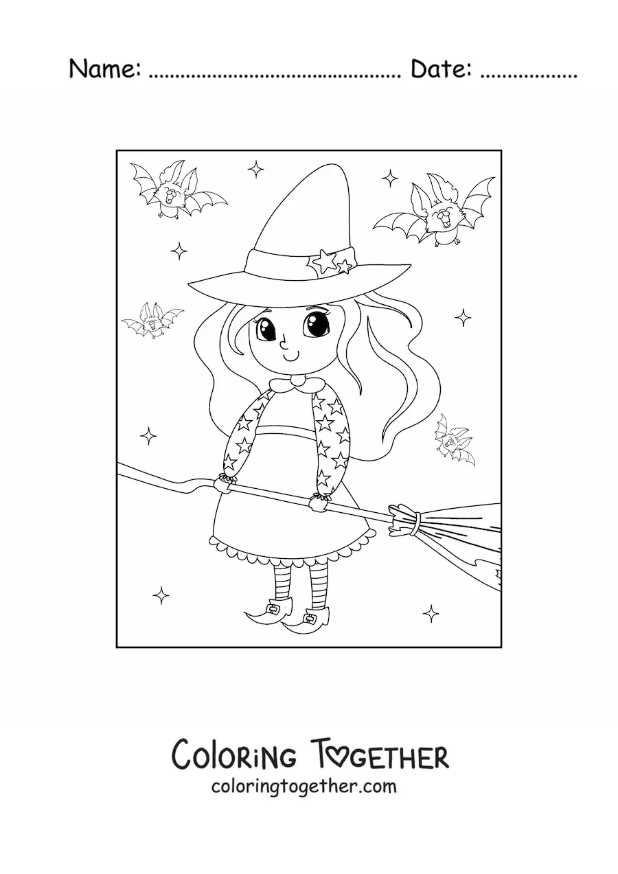 Coloring page of a kawaii little witch with a broom and bats
