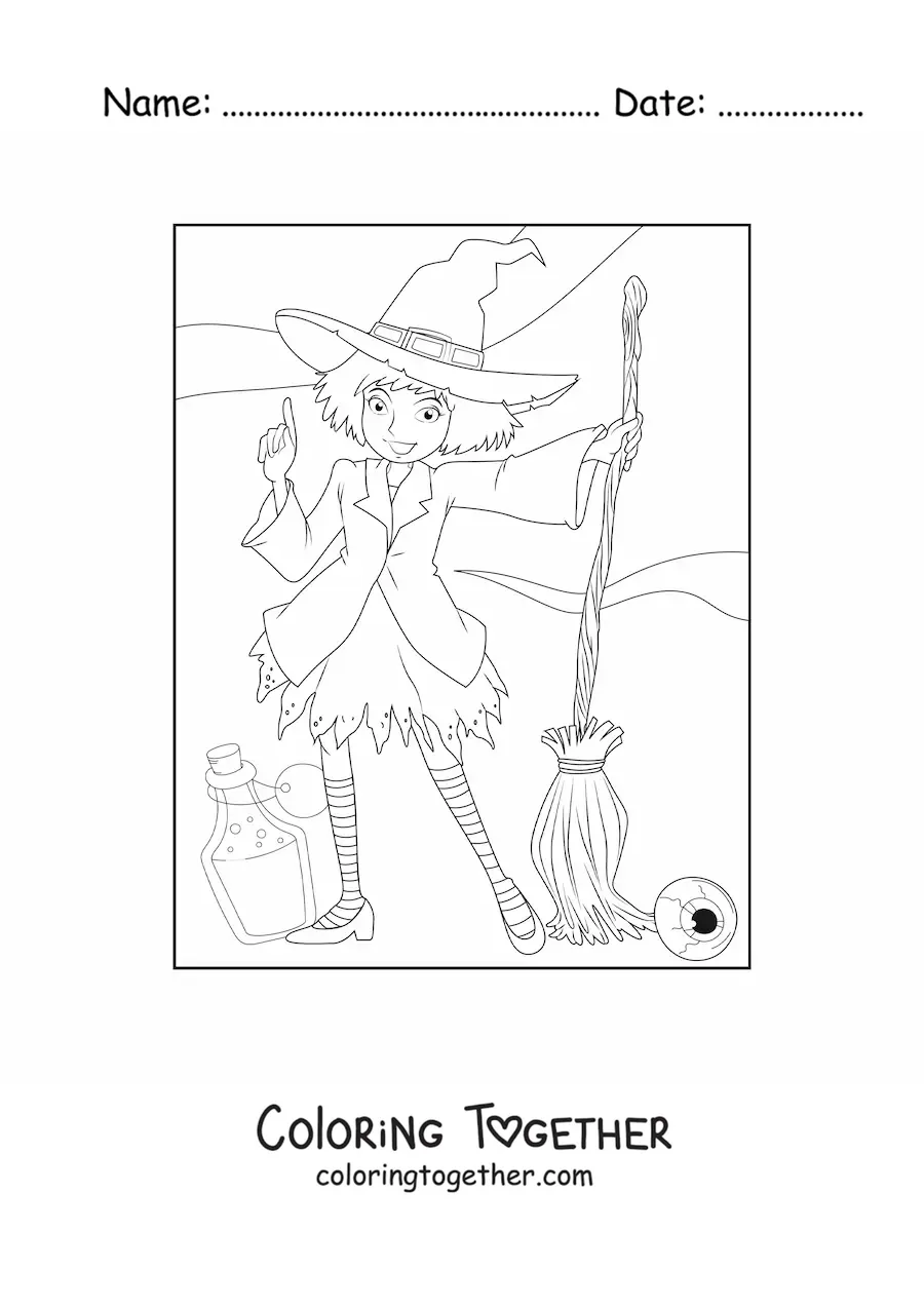 Coloring page of a cartoon little witch with a broom and potion