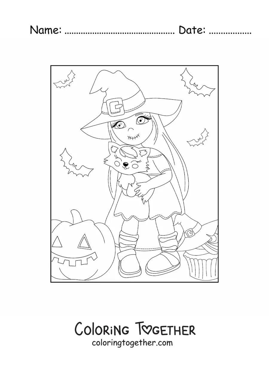 Coloring page of a kawaii little witch with a cat and a Halloween pumpkin