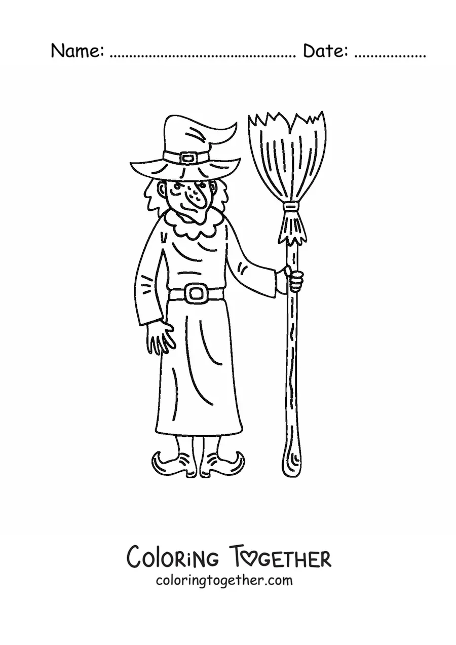 Coloring page of a wicked witch with a broom