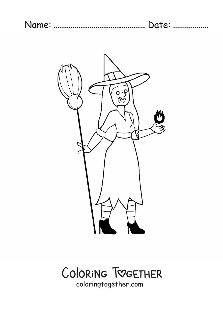 Coloring page of a pretty witch