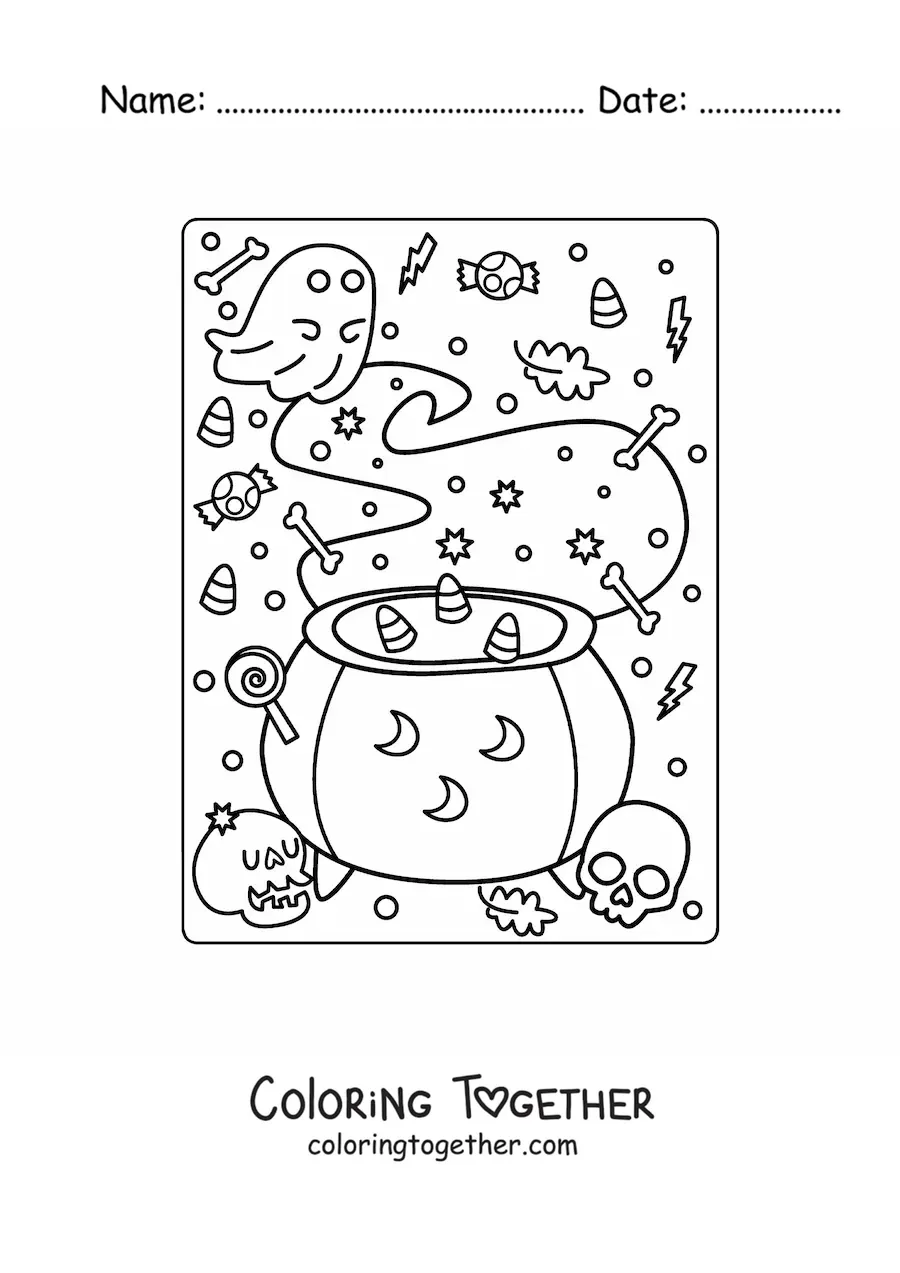 Coloring page of a witch cauldron with a ghost and Halloween candy