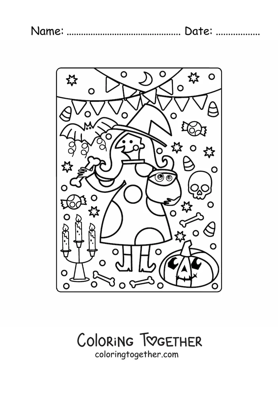Coloring page of a cartoon witch at a Halloween party