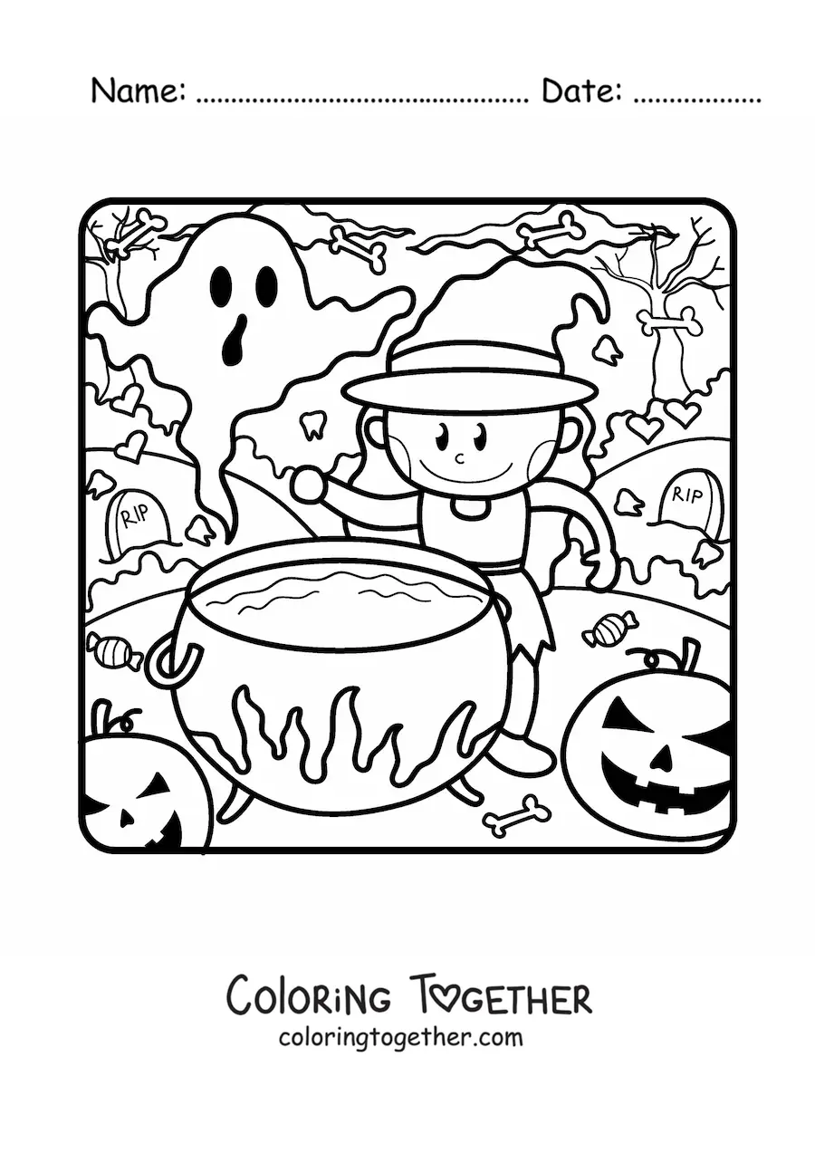 Coloring page of a cartoon witch with a cauldron and ghost