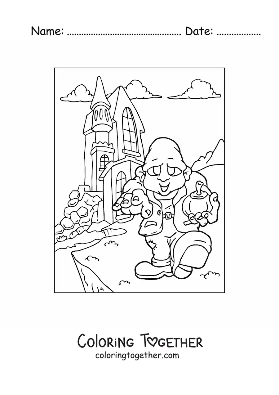 Coloring page of a zombie with a haunted Halloween house