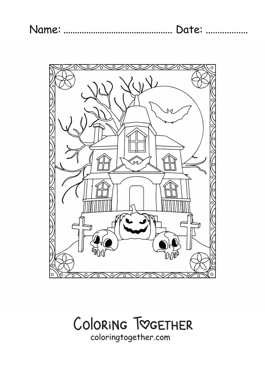 Coloring page of a spooky haunted house with a Halloween pumpkin