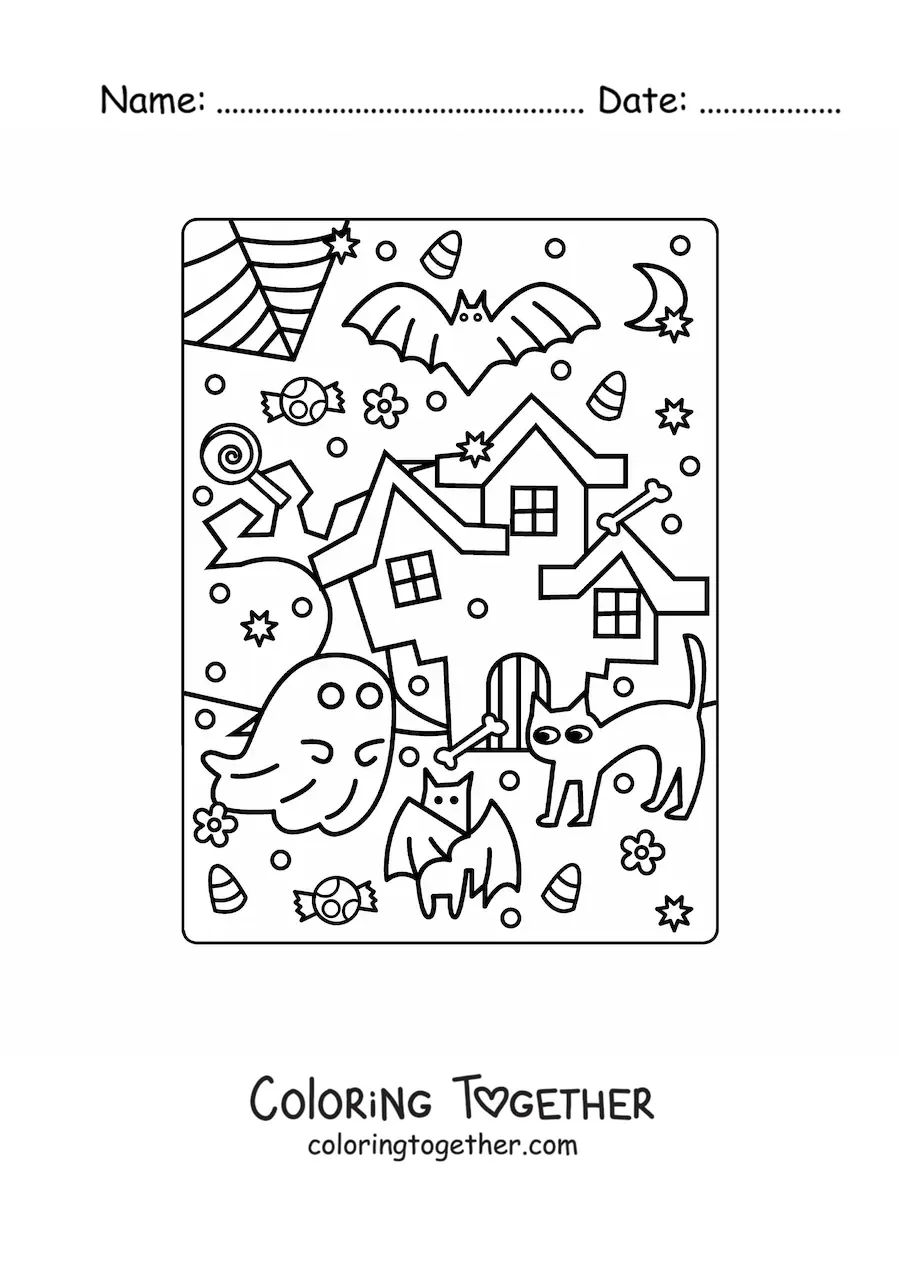 Coloring page of a kawaii haunted house with a cat and Halloween candy