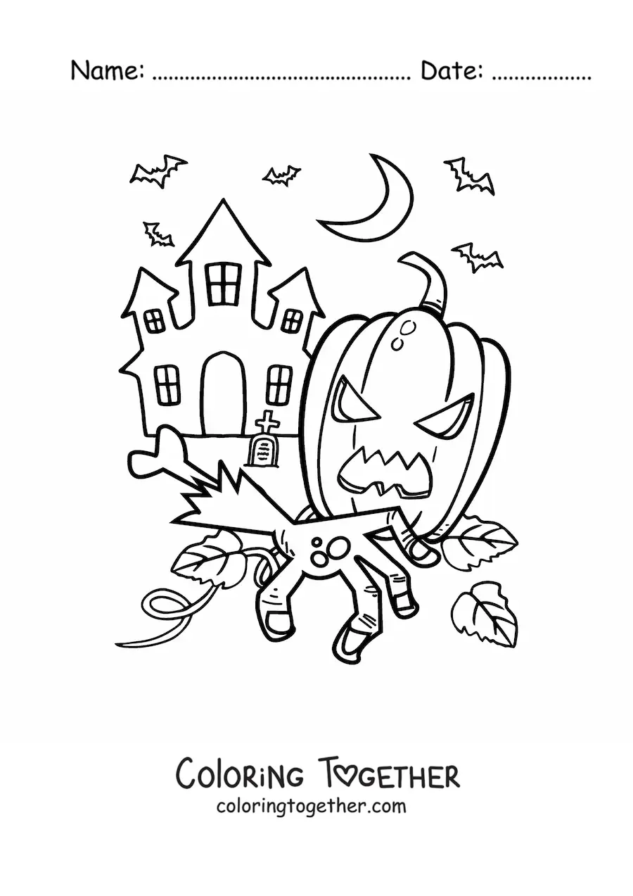 Coloring page of a big haunted house with a Halloween pumpkin and bats