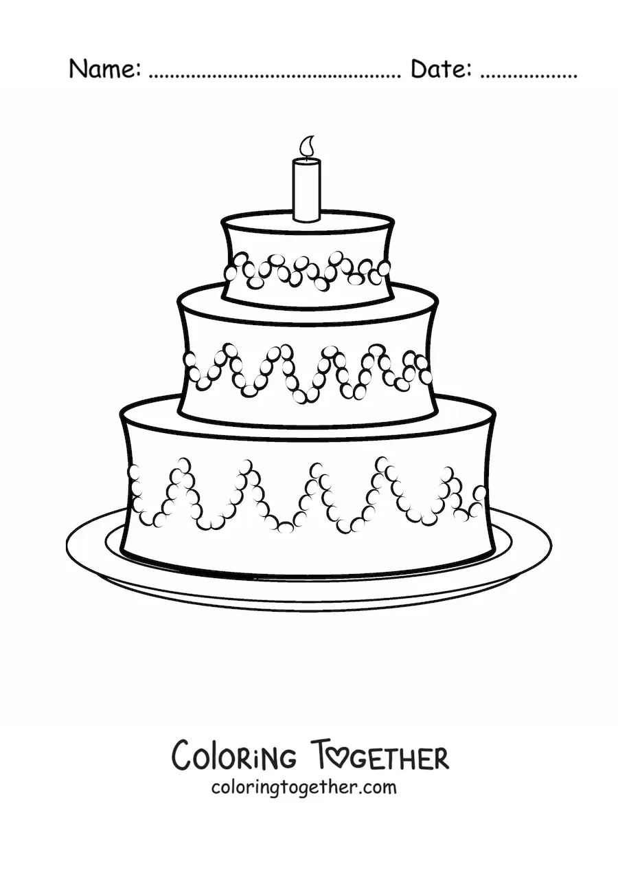 Coloring page of a three-tier birthday cake