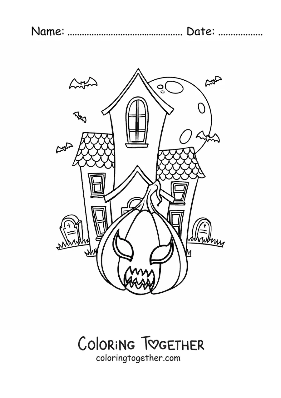 Coloring page of a big haunted house with a Halloween pumpkin and graves