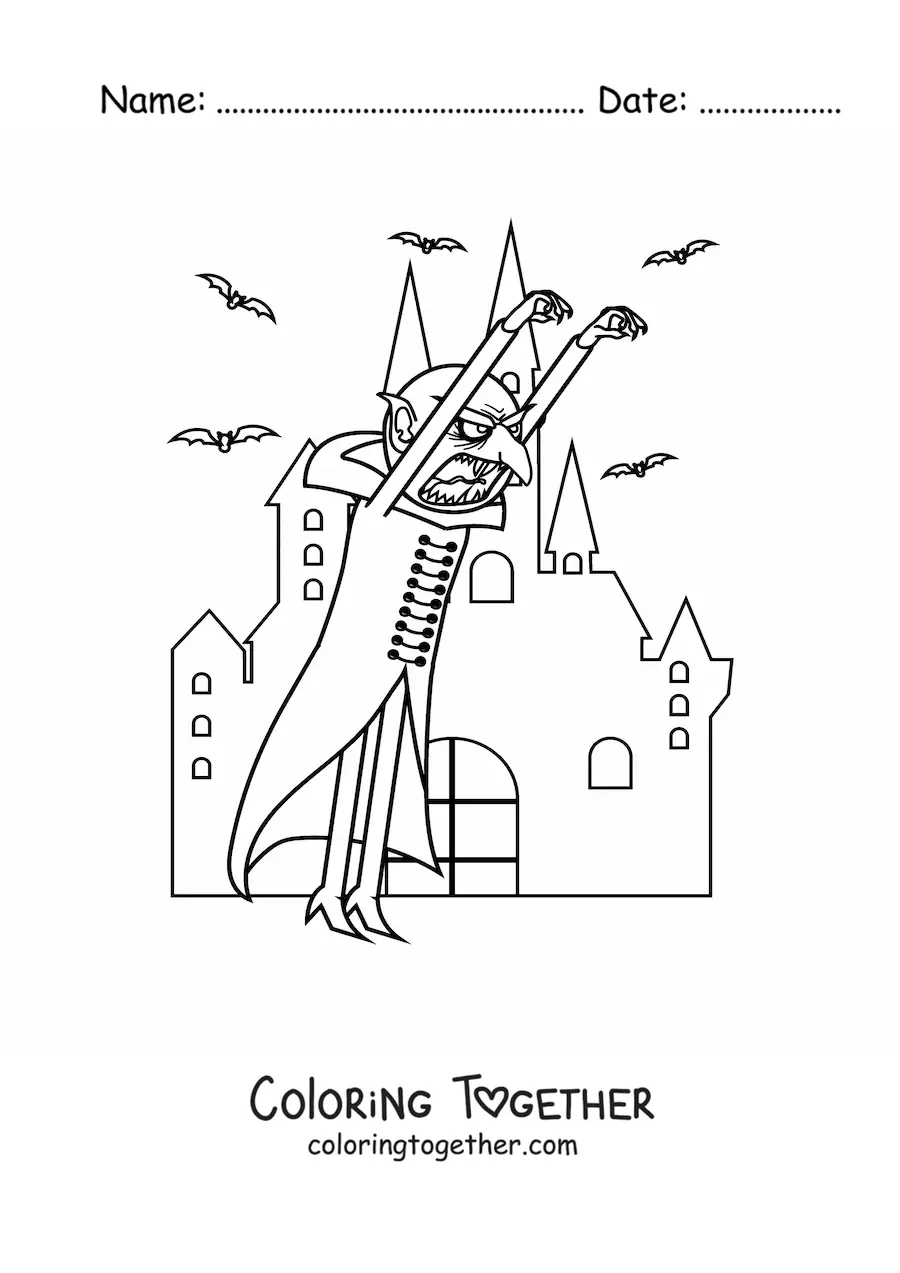 Coloring page of a monster with a haunted Halloween castle
